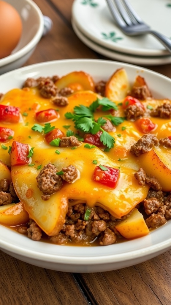 Savory Ground Beef and Potato Casserole Recipe A comforting ground beef and potato casserole topped with melted cheese and parsley, served in a ceramic dish.